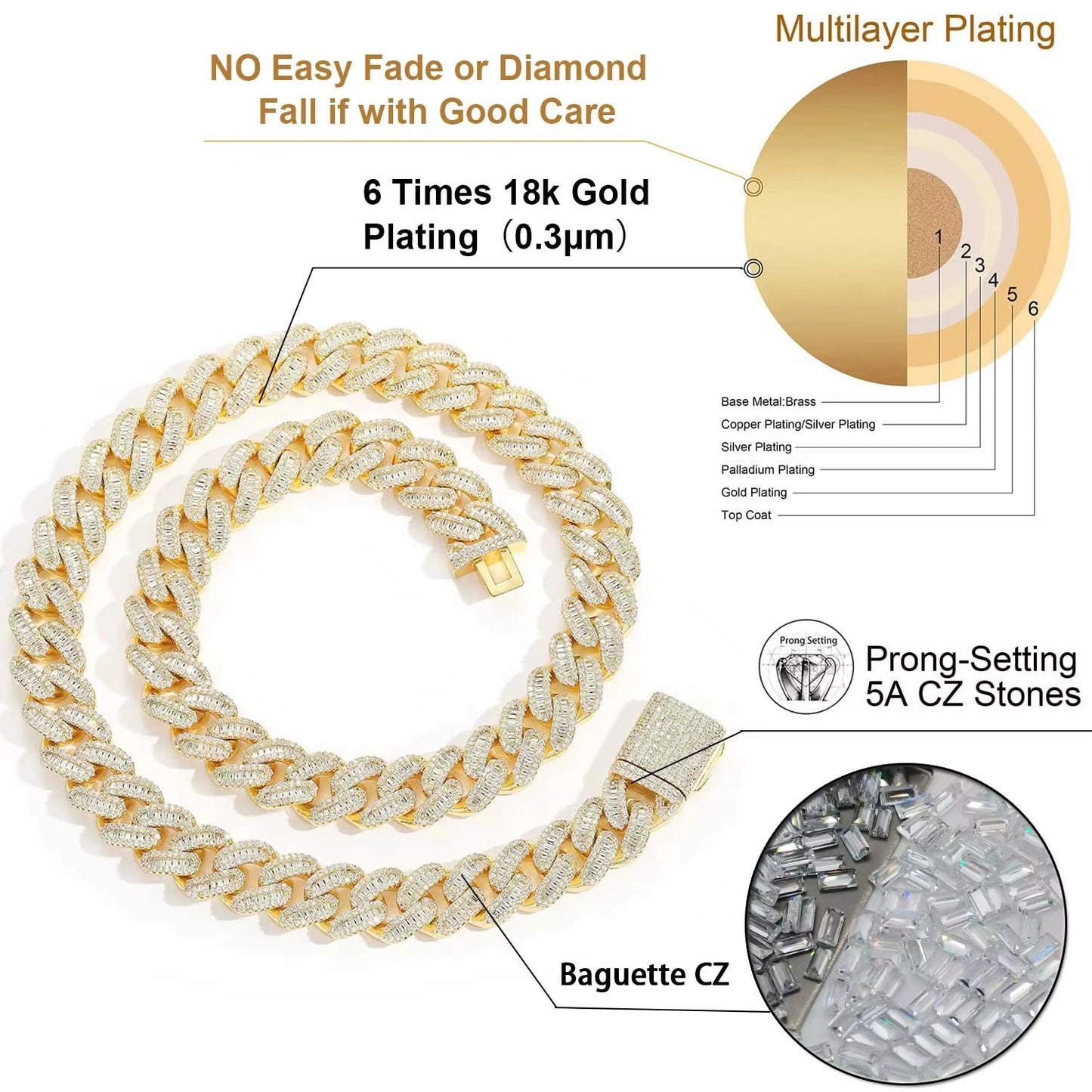 15mm Zircon Cuban Link Chain Iced Out In hand-set Simulated Diamond Stones Bling Miami CZ Necklace