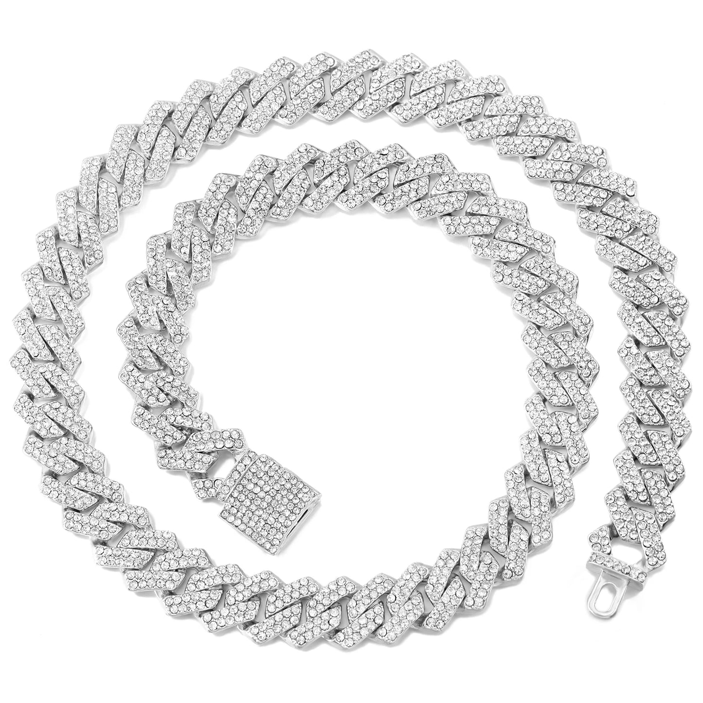20-Inch Double-Drain Cuban Chain Unisex Ice-Frozen Edition Sparkling Diamond-Shaped Hip-Hop Style Cuban Necklace