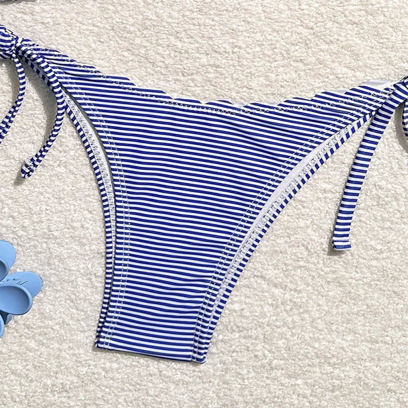 Blue Stripe Print Two Piece Swimsuit