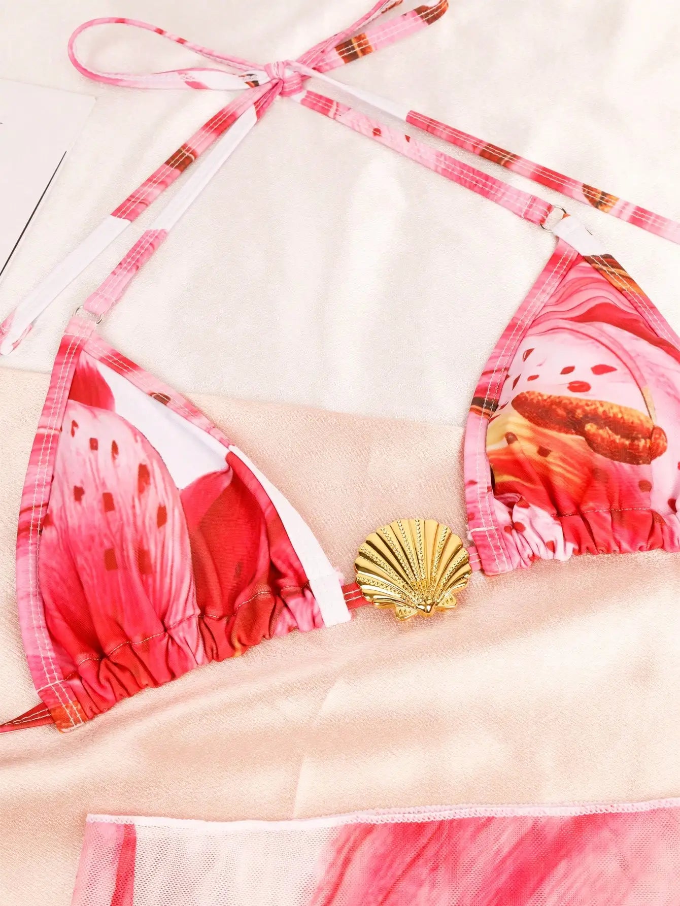 Pink Floral Triangle Top, Bottom & Skirt With Shell Metal Decor