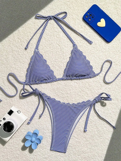 Blue Stripe Print Two Piece Swimsuit