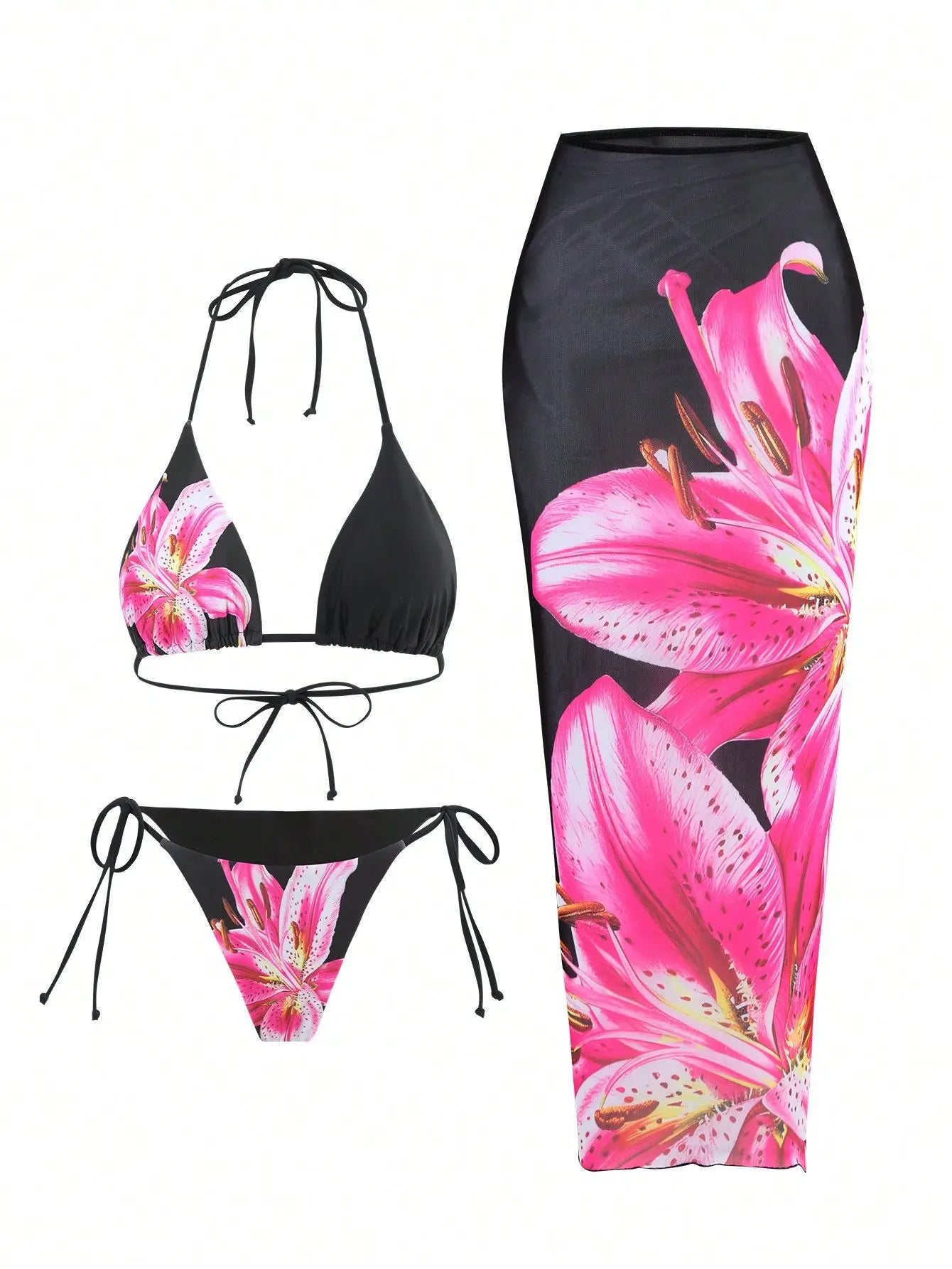 Flower Print Bikini, High Waist Long Skirt 3 Piece