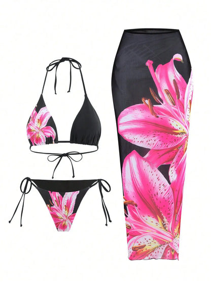 Flower Print Bikini, High Waist Long Skirt 3 Piece