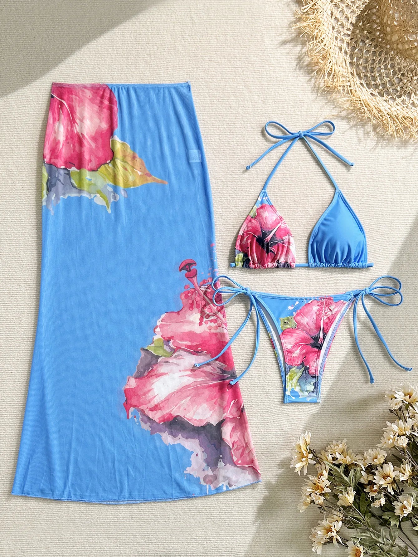 Flower Print Bikini, High Waist Long Skirt 3 Piece