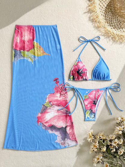 Flower Print Bikini, High Waist Long Skirt 3 Piece
