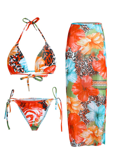 Flower Print Bikini, High Waist Long Skirt 3 Piece