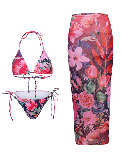 Flower Print Bikini, High Waist Long Skirt 3 Piece