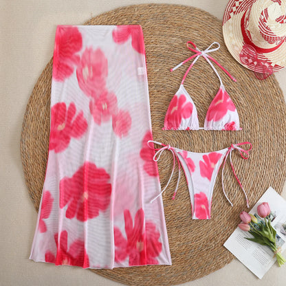 Flower Print Bikini, High Waist Long Skirt 3 Piece