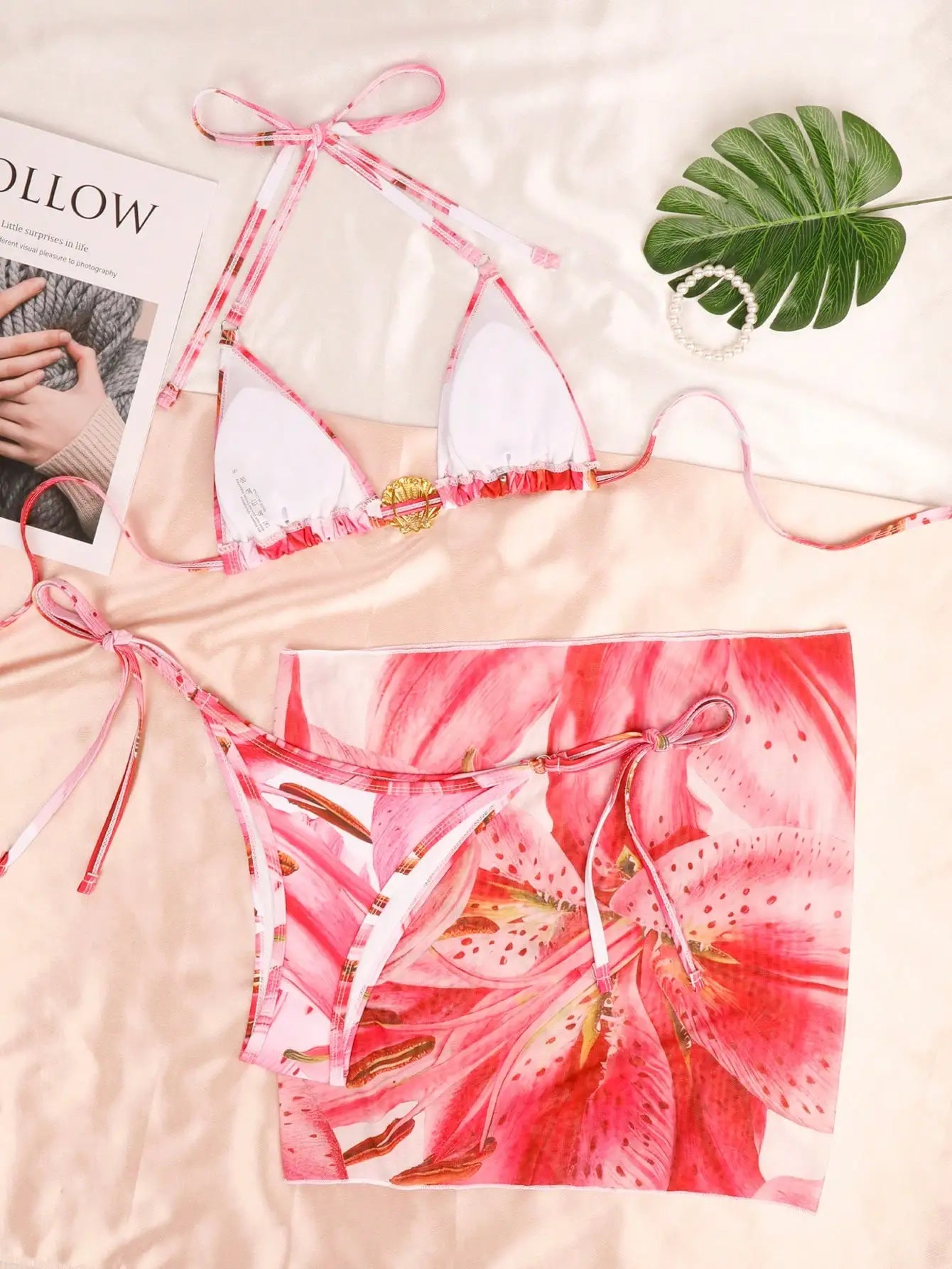 Pink Floral Triangle Top, Bottom & Skirt With Shell Metal Decor