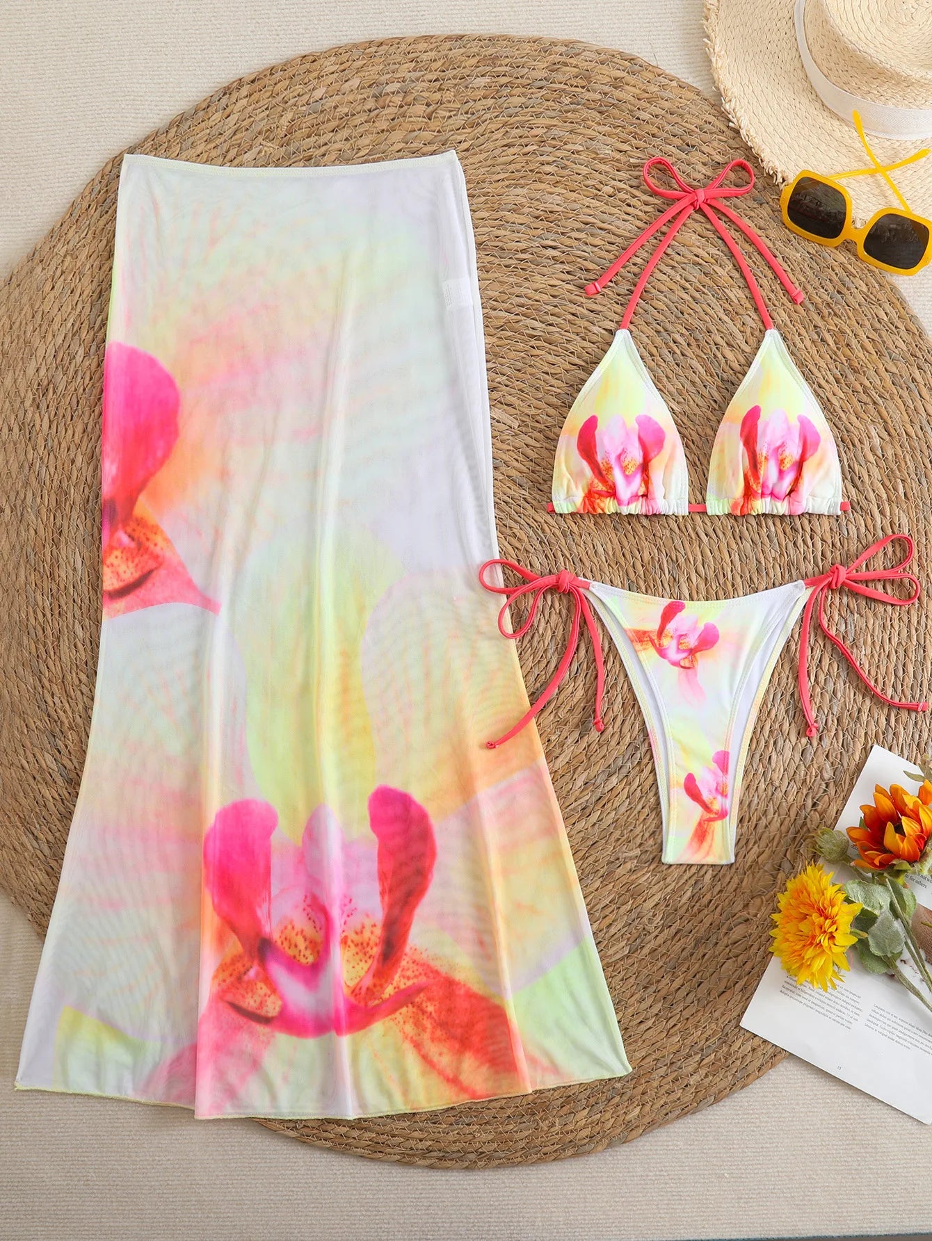 Flower Print Bikini, High Waist Long Skirt 3 Piece