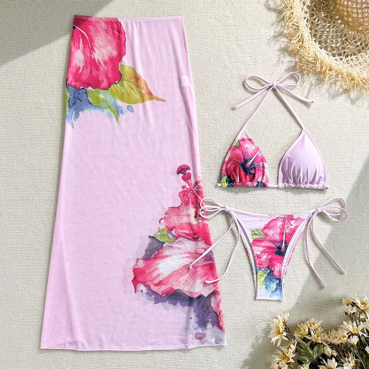 Flower Print Bikini, High Waist Long Skirt 3 Piece