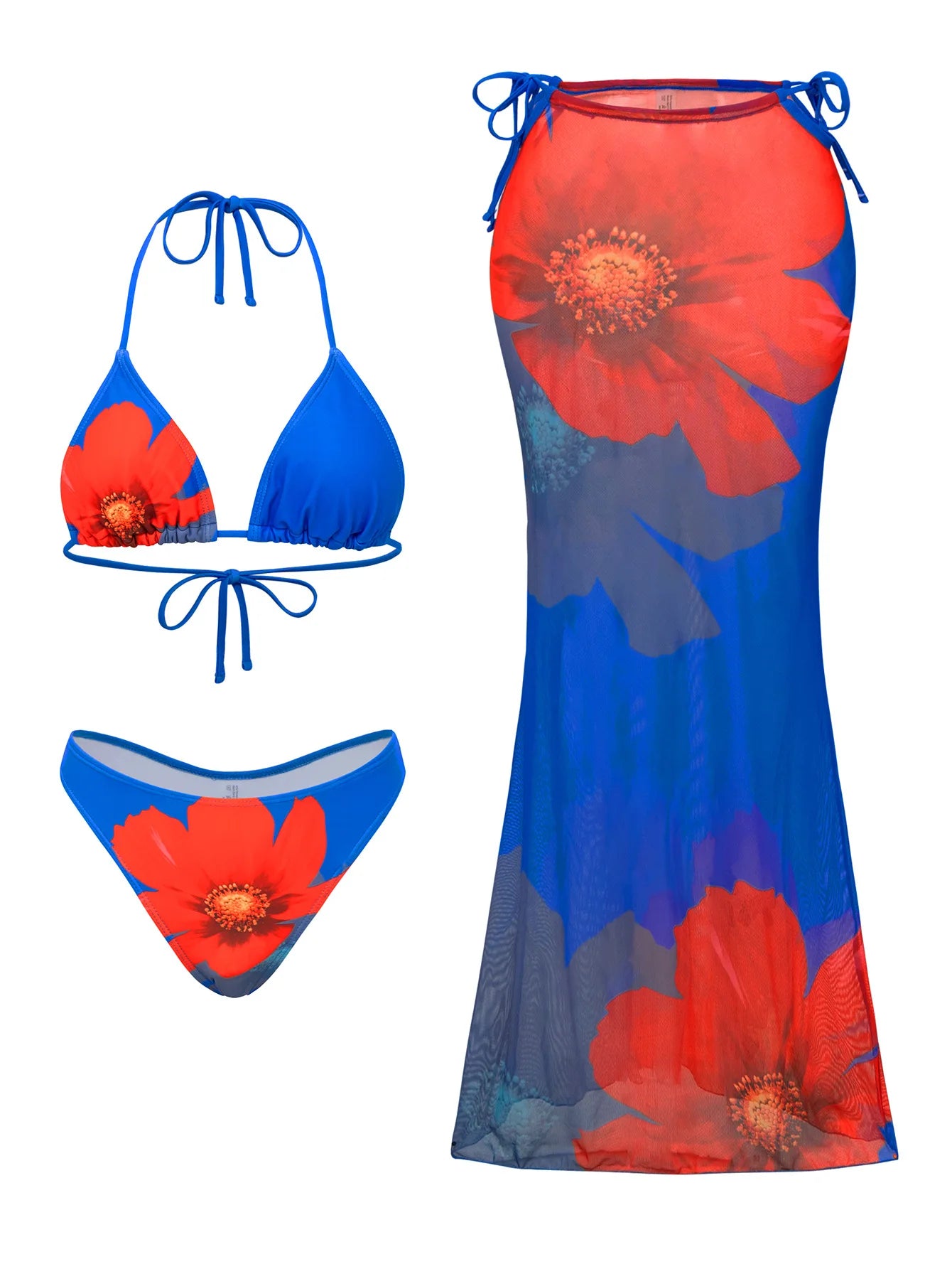 Flower Print Bikini, High Waist Long Skirt 3 Piece