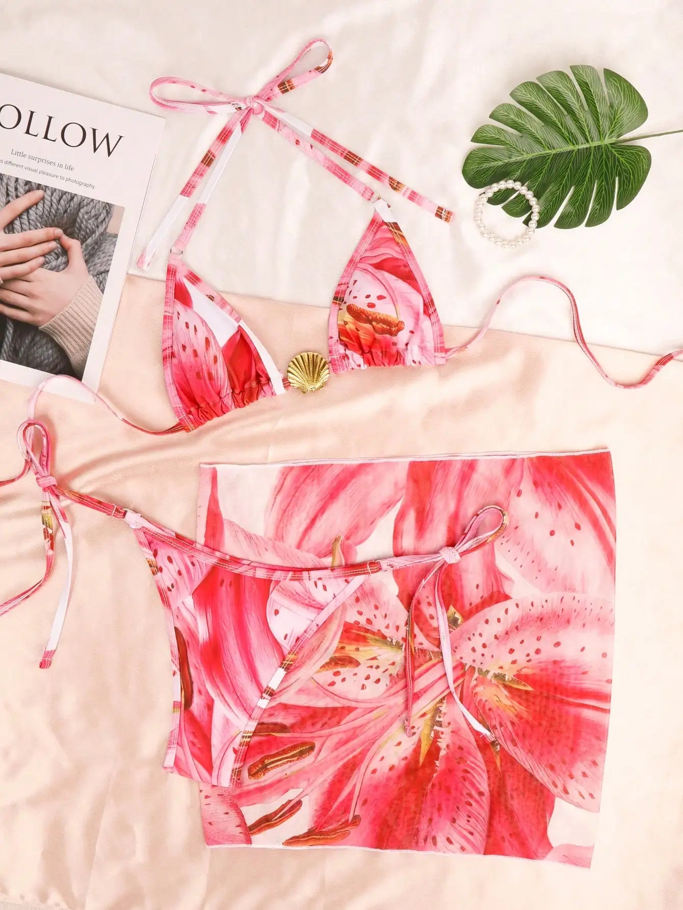 Pink Floral Triangle Top, Bottom & Skirt With Shell Metal Decor