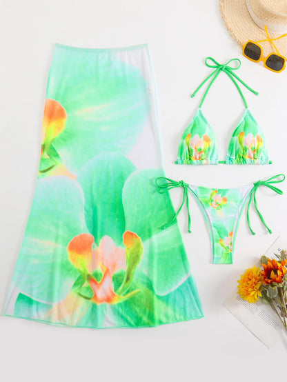 Flower Print Bikini, High Waist Long Skirt 3 Piece