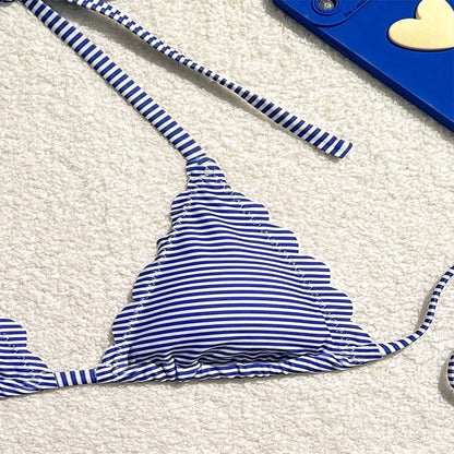 Blue Stripe Print Two Piece Swimsuit