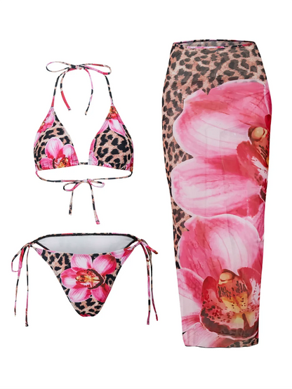Flower Print Bikini, High Waist Long Skirt 3 Piece