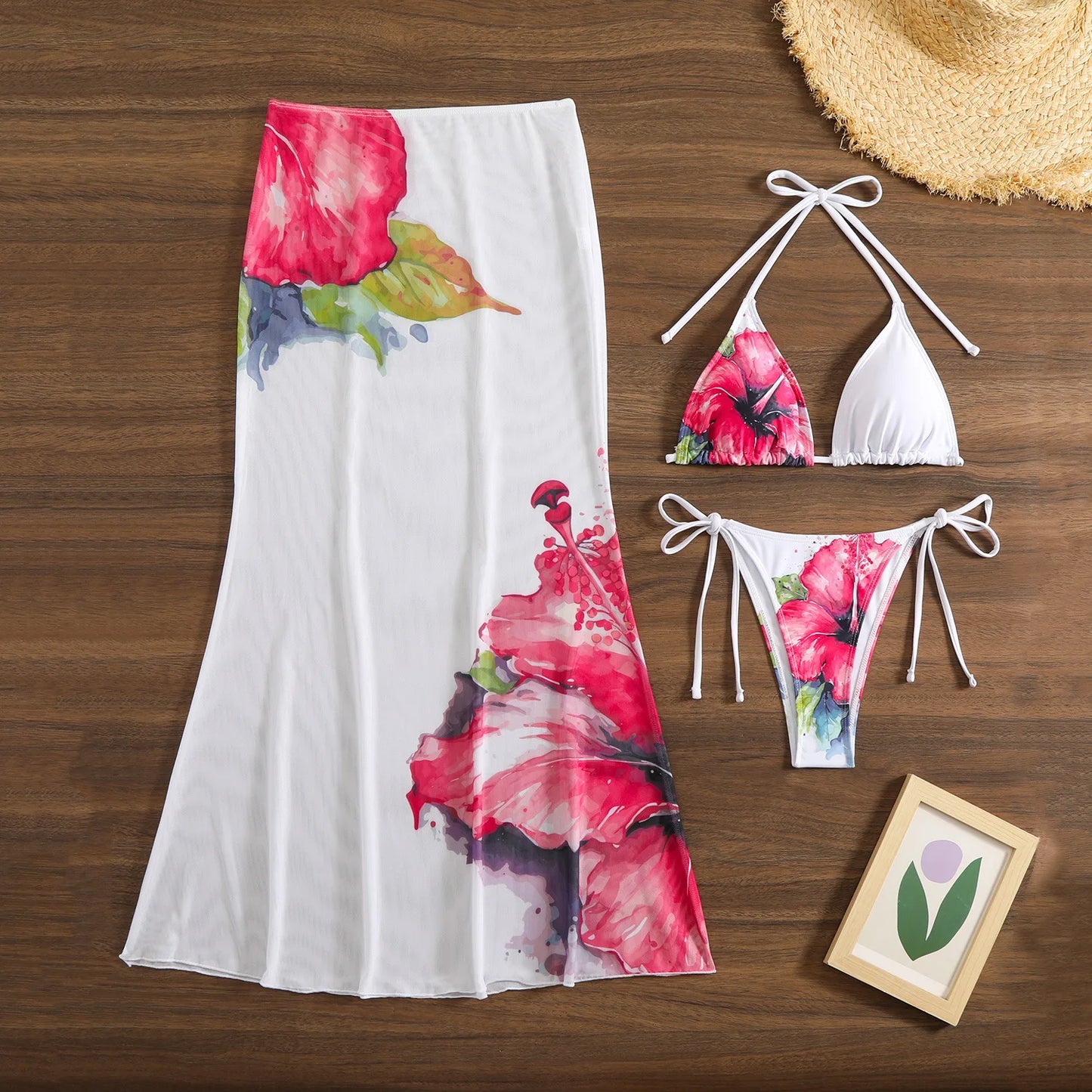 Flower Print Bikini, High Waist Long Skirt 3 Piece