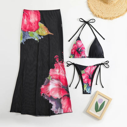 Flower Print Bikini, High Waist Long Skirt 3 Piece