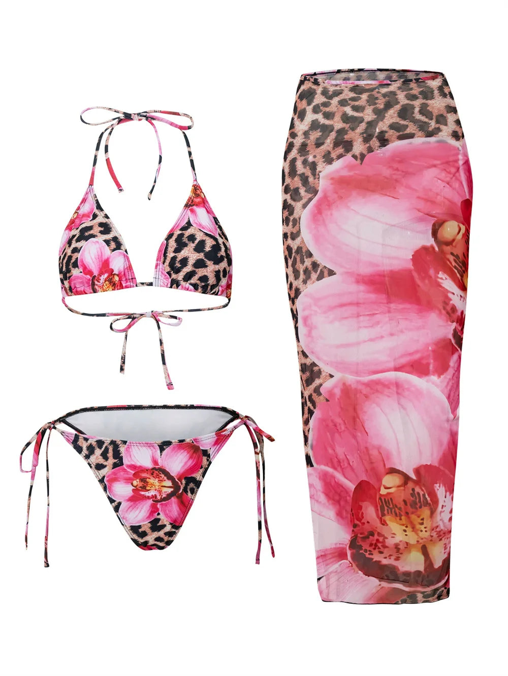 Flower Print Bikini, High Waist Long Skirt 3 Piece